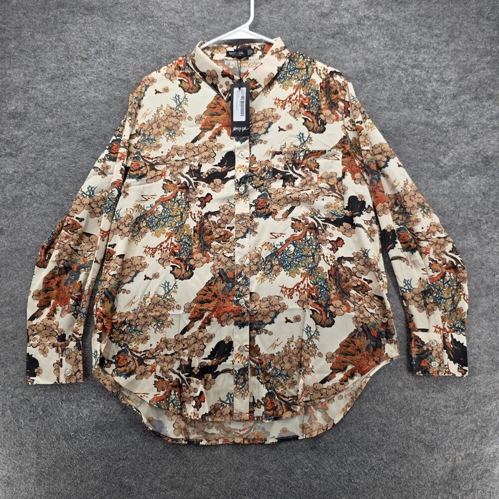 Nasty Gal Shirt Womens 14 Floral Oversized Satin Button Up Blouse Top